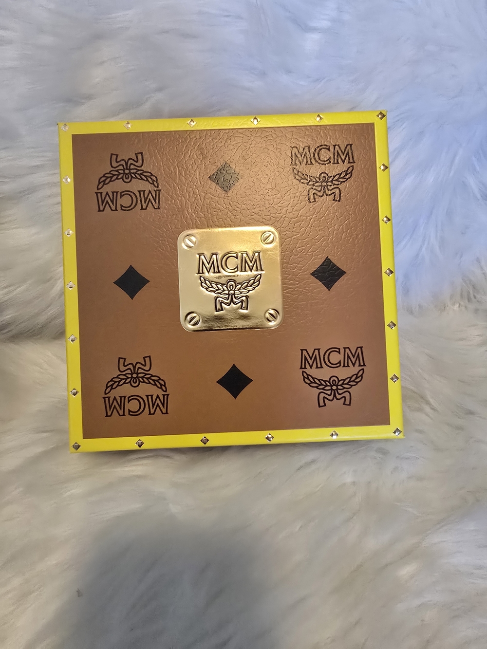 MCM Brown Jewelry Box with Yellow Trim and Gold Plaque